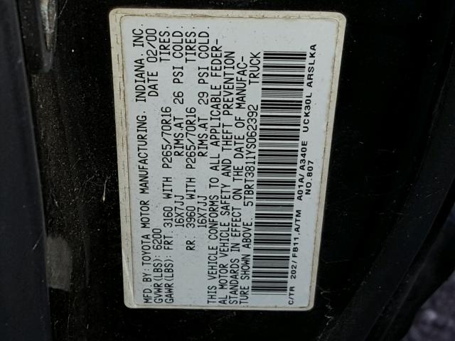 5TBRT3811YS062392 - 2000 TOYOTA TUNDRA ACC BLACK photo 10