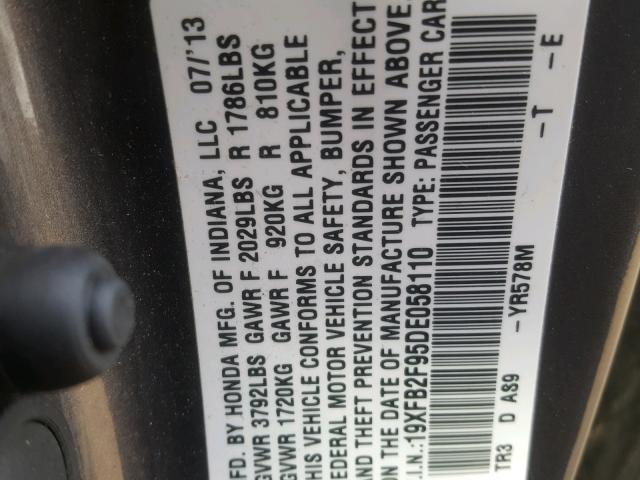 19XFB2F95DE058110 - 2013 HONDA CIVIC EXL 银色 照片 10