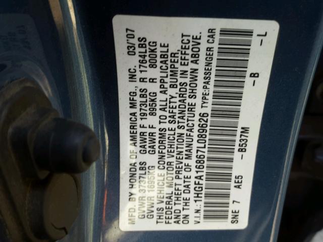1HGFA16867L089626 - 2007 HONDA CIVIC EX Mavi fotoğraf 10