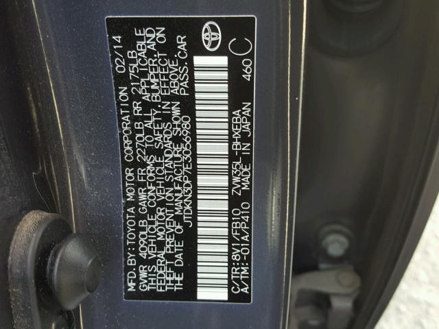 JTDKN3DP7E3056980 - 2014 TOYOTA PRIUS PLUG GRAY photo 10