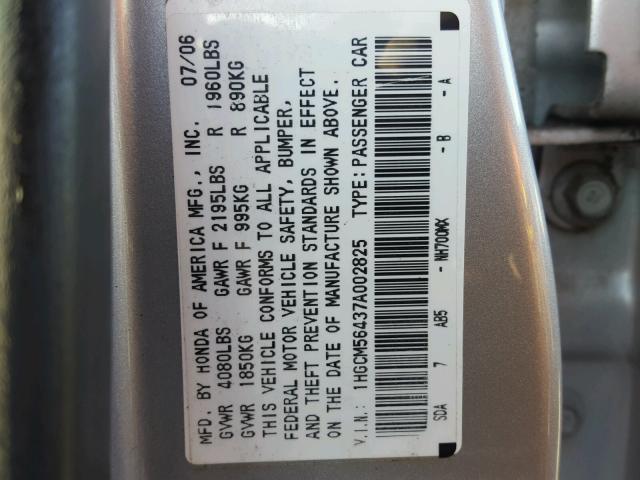 1HGCM56437A002825 - 2007 HONDA ACCORD LX SILVER photo 10