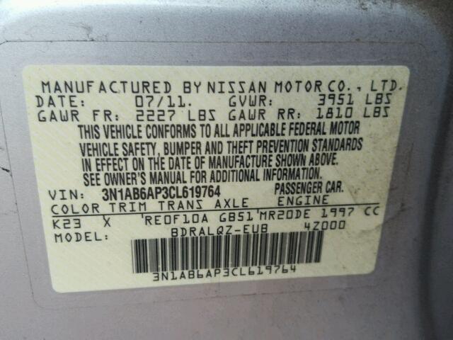 3N1AB6AP3CL619764 - 2012 NISSAN SENTRA 2.0 SILVER photo 10