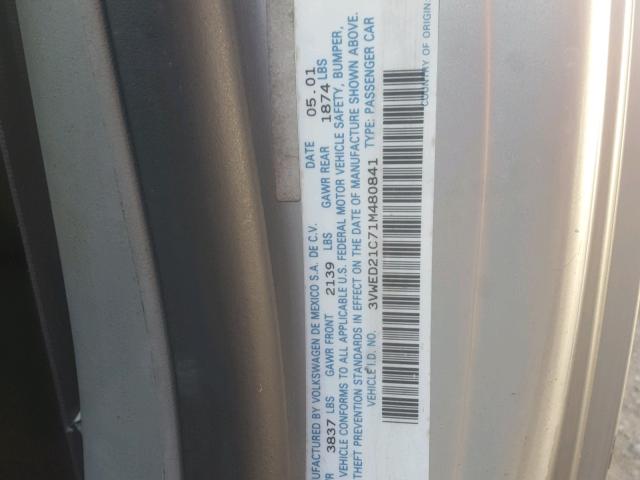 3VWED21C71M480841 - 2001 VOLKSWAGEN NEW BEETLE 银色 照片 10