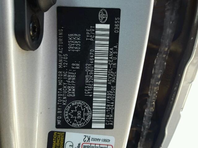 4T1BE32K96U146470 - 2006 TOYOTA CAMRY LE ნაცრისფერი ფოტო 10