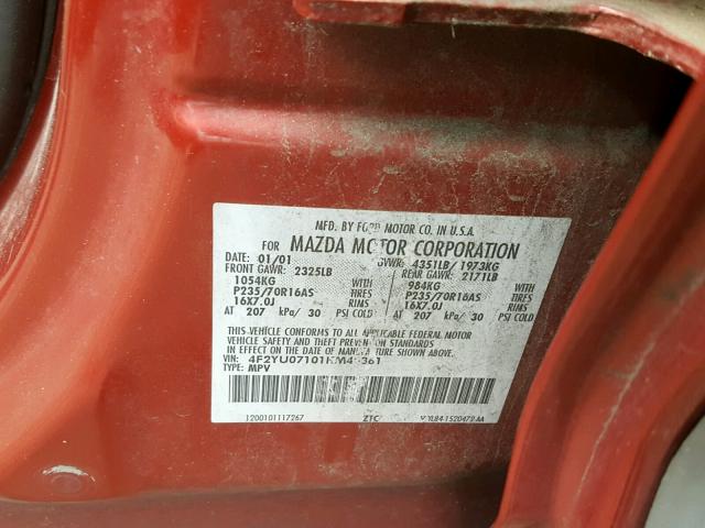 4F2YU07101KM40361 - 2001 MAZDA TRIBUTE DX 勃艮第红 照片 10