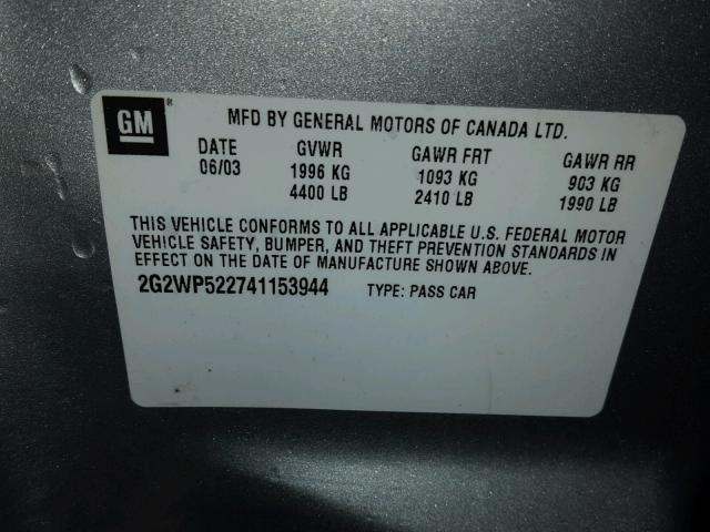 2G2WP522741153944 - 2004 PONTIAC GRAND PRIX SILVER photo 10