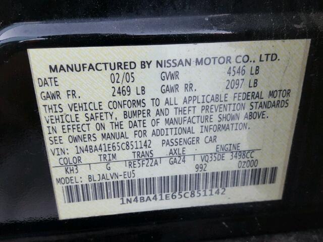 1N4BA41E65C851142 - 2005 NISSAN MAXIMA SE BLACK photo 10