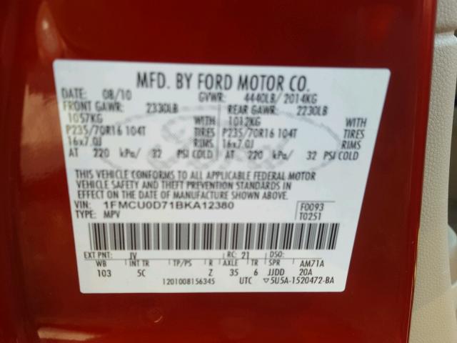 1FMCU0D71BKA12380 - 2011 FORD ESCAPE XLT RED photo 10