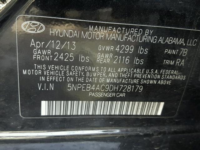 5NPEB4AC9DH728179 - 2013 HYUNDAI SONATA GLS BLACK photo 10