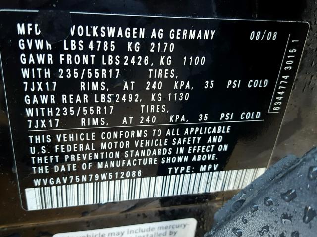 WVGAV75N79W512086 - 2009 VOLKSWAGEN TIGUAN SE 黑色 照片 10