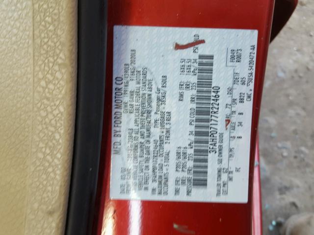 3FAHP07177R224640 - 2007 FORD FUSION SE RED photo 10