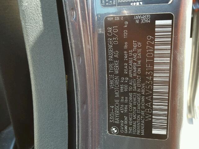 WBAAV53431FT01729 - 2001 BMW 330 I GRAY photo 10