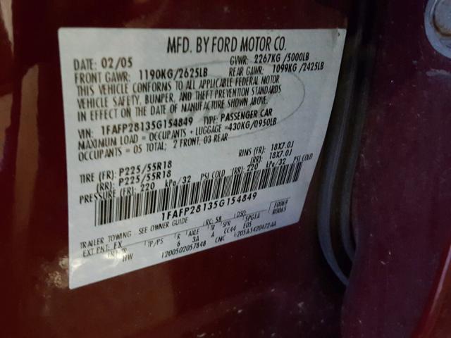 1FAFP28135G154849 - 2005 FORD FIVE HUNDR MAROON photo 10