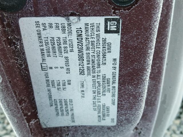 1GNDV23W38D121292 - 2008 CHEVROLET UPLANDER L MAROON photo 10