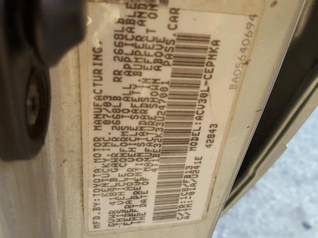 4T1BE32K33U247001 - 2003 TOYOTA CAMRY LE 银色 照片 10