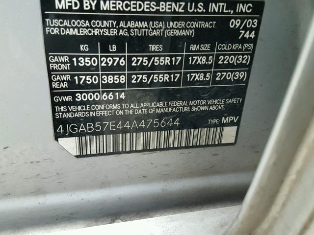 4JGAB57E44A475644 - 2004 MERCEDES-BENZ ML 350 SILVER photo 10