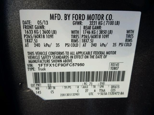 1FTFX1CF9DFC57950 - 2013 FORD F150 SUPER GRAY photo 10