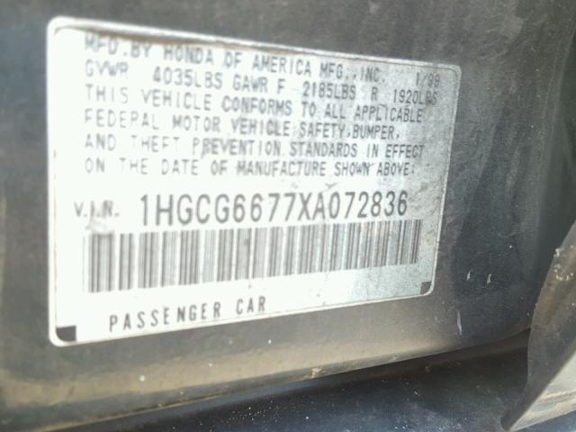 1HGCG6677XA072836 - 1999 HONDA ACCORD EX GREEN photo 10