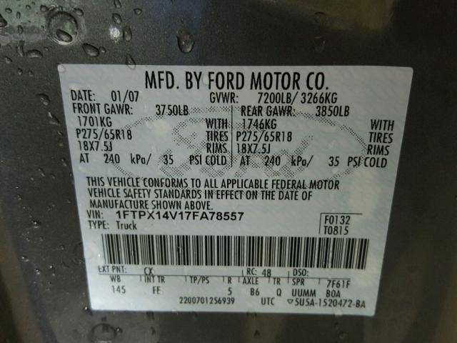 1FTPX14V17FA78557 - 2007 FORD F150 GRAY photo 10