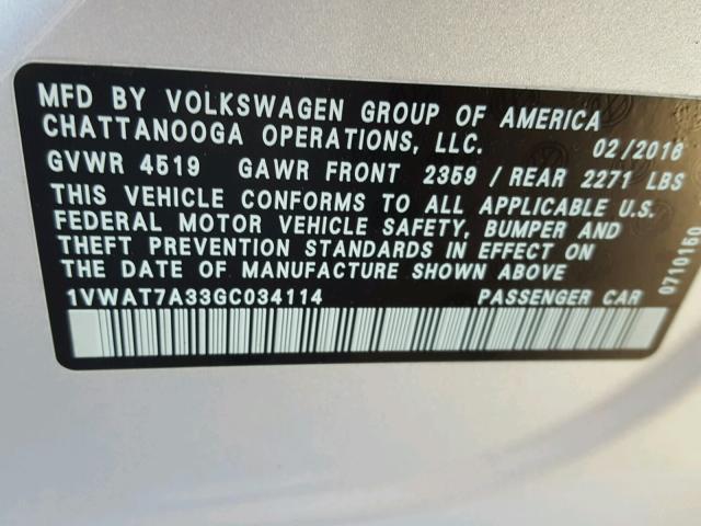 1VWAT7A33GC034114 - 2016 VOLKSWAGEN PASSAT S SILVER photo 10