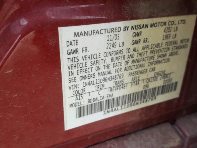 1N4AL11D96N348769 - 2006 NISSAN ALTIMA S RED photo 10