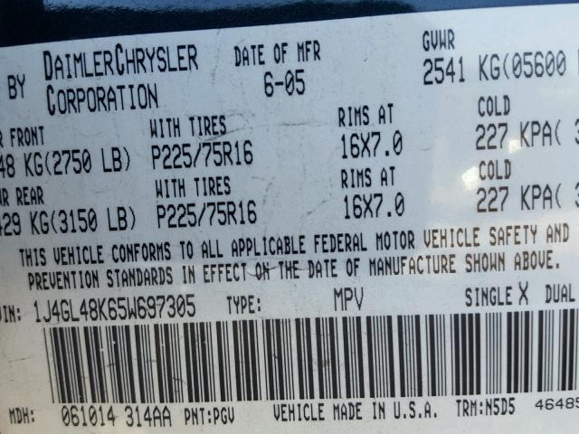 1J4GL48K65W697305 - 2005 JEEP LIBERTY SP GREEN photo 10