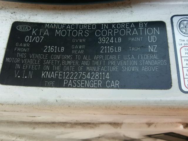 KNAFE122275428114 - 2007 KIA SPECTRA EX WHITE photo 10