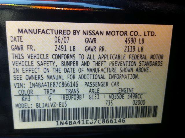 1N4BA41E87C866146 - 2007 NISSAN MAXIMA SE BLACK photo 10