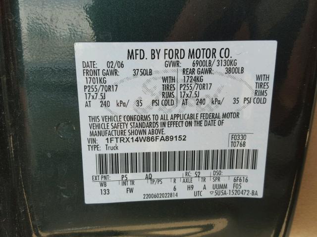 1FTRX14W86FA89152 - 2006 FORD F150 GREEN photo 10