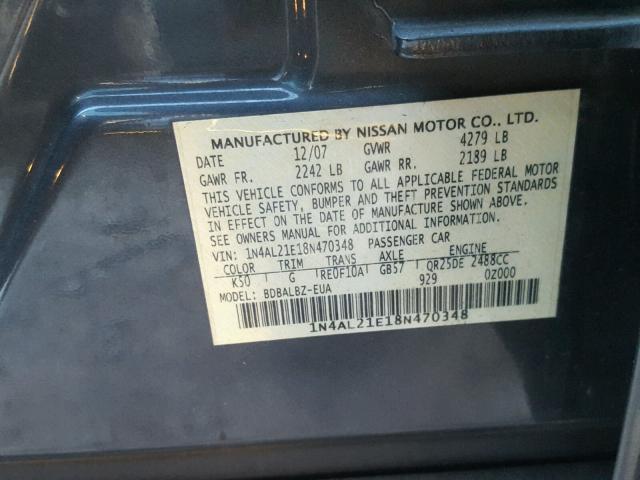 1N4AL21E18N470348 - 2008 NISSAN ALTIMA 2.5 GRAY photo 10