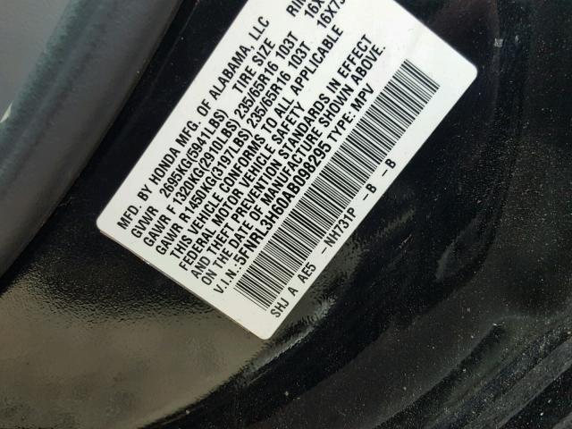 5FNRL3H60AB098295 - 2010 HONDA ODYSSEY EX BLACK photo 10