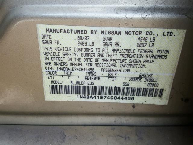 1N4BA41E74C844456 - 2004 NISSAN MAXIMA SE GOLD photo 10