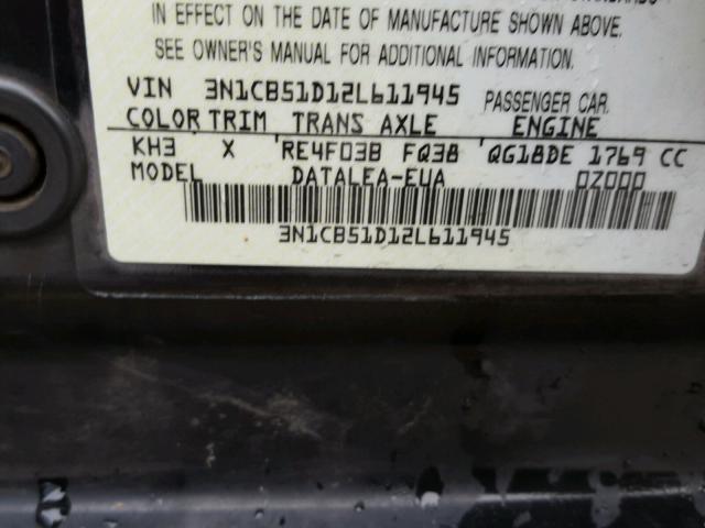 3N1CB51D12L611945 - 2002 NISSAN SENTRA XE BLACK photo 10