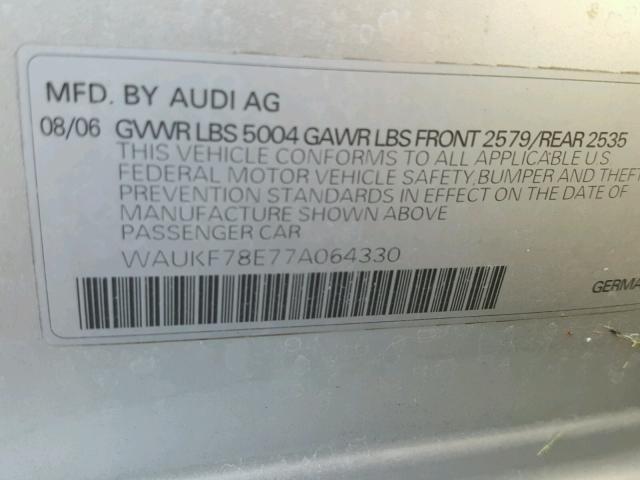 WAUKF78E77A064330 - 2007 AUDI A4 2.0T AV SILVER photo 10