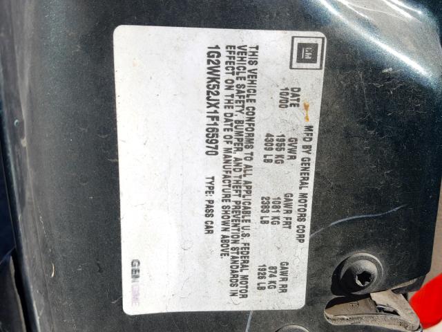 1G2WK52JX1F165970 - 2001 PONTIAC GRAND PRIX მწვანე ფოტო 10