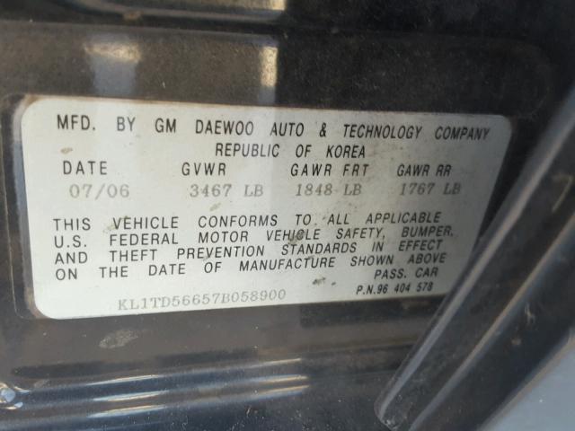 KL1TD56657B058900 - 2007 CHEVROLET AVEO BASE შავი ფოტო 10