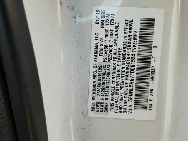 5FNRL5H67FB061554 - 2015 HONDA ODYSSEY EX WHITE photo 10