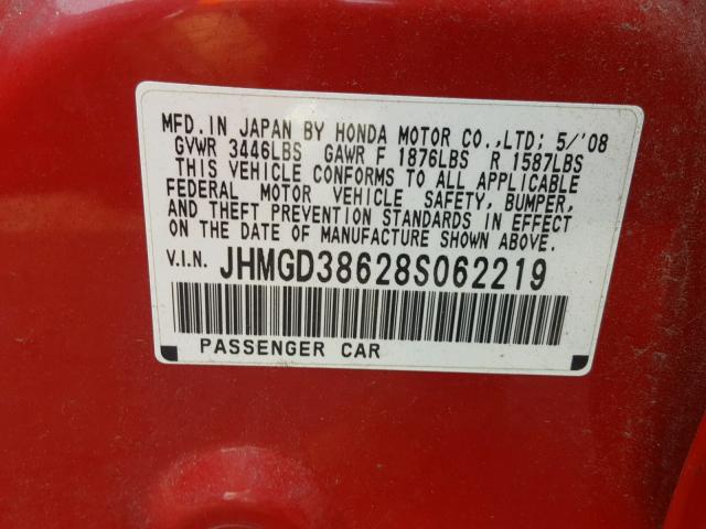 JHMGD38628S062219 - 2008 HONDA FIT SPORT RED photo 10