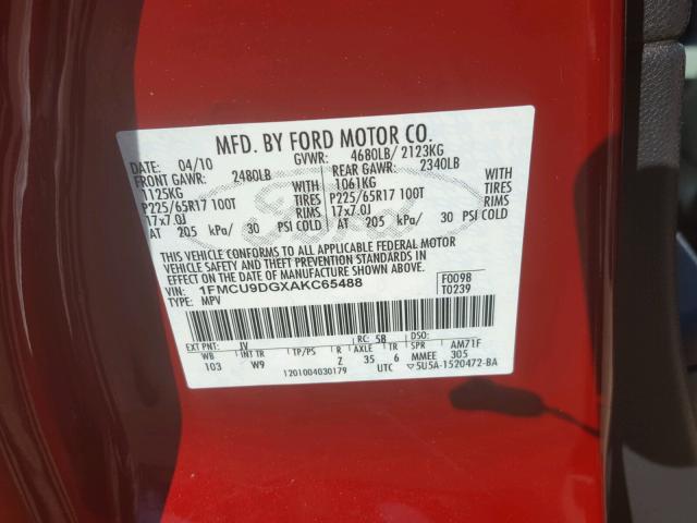 1FMCU9DGXAKC65488 - 2010 FORD ESCAPE XLT RED photo 10