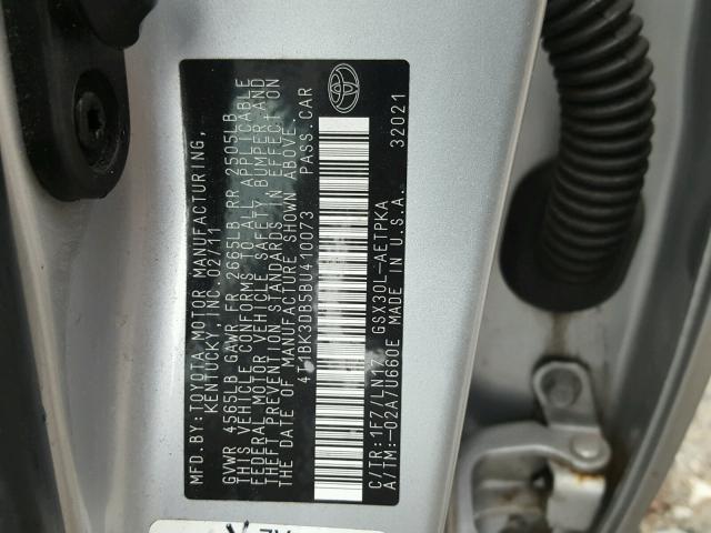 4T1BK3DB5BU410073 - 2011 TOYOTA AVALON BAS SILVER photo 10