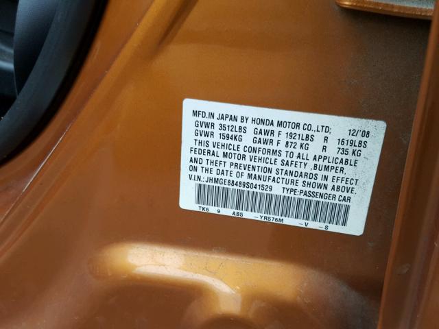 JHMGE88489S041529 - 2009 HONDA FIT SPORT ORANGE photo 10