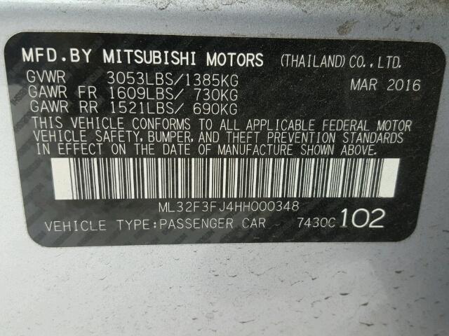 ML32F3FJ4HH000348 - 2017 MITSUBISHI MIRAGE G4 SILVER photo 10