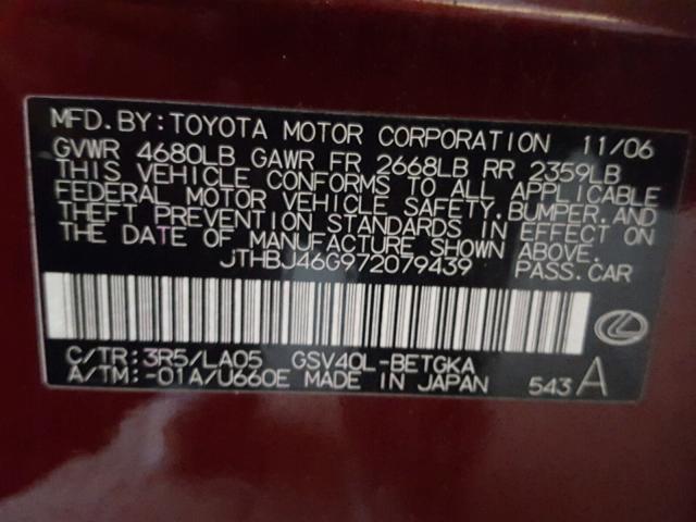 JTHBJ46G972079439 - 2007 LEXUS ES 350 BURGUNDY photo 10