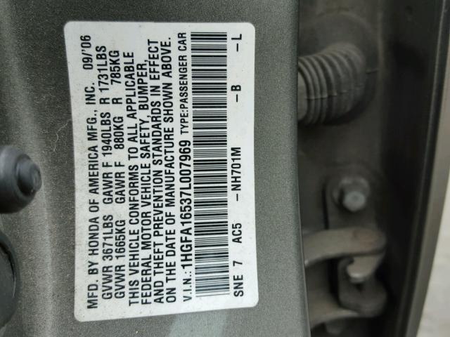 1HGFA16537L007969 - 2007 HONDA CIVIC LX GRAY photo 10