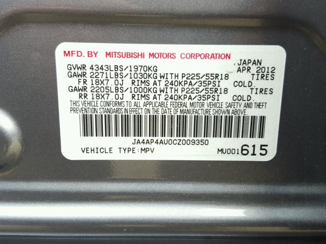 JA4AP4AU0CZ009350 - 2012 MITSUBISHI OUTLANDER GRAY photo 10