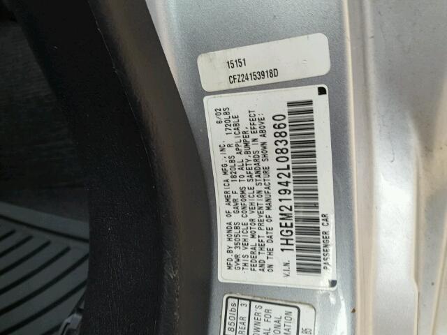 1HGEM21942L083860 - 2002 HONDA CIVIC EX SILVER photo 10