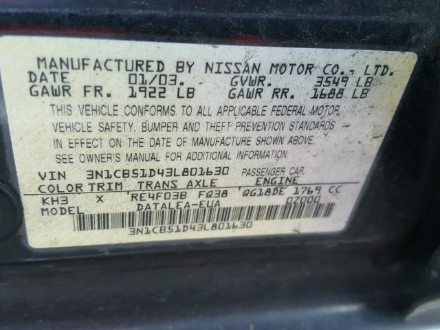 3N1CB51D43L801630 - 2003 NISSAN SENTRA XE BLACK photo 10