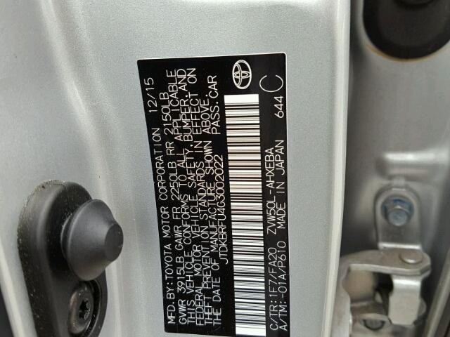 JTDKBRFU4G3002022 - 2016 TOYOTA PRIUS SILVER photo 10