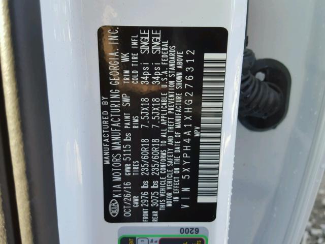 5XYPH4A1XHG276312 - 2017 KIA SORENTO EX Ağ foto 10