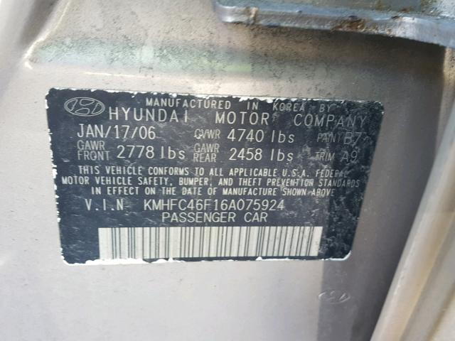 KMHFC46F16A075924 - 2006 HYUNDAI AZERA SE GOLD photo 10